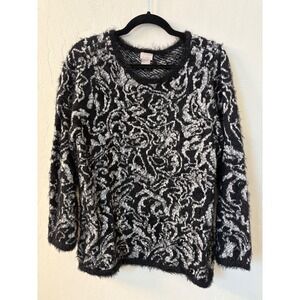 Chico's Tonal Jacquard Eyelash Pullover Sweater Black Gray Size 1‎ US M